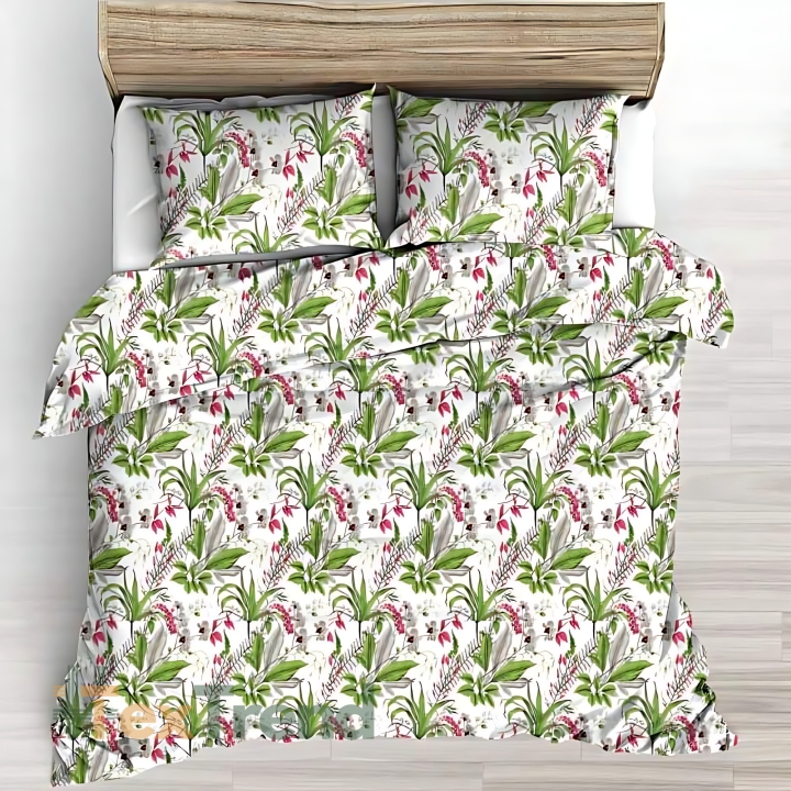 Baumwolle 100% Orchideenblüten mit grünen Blättern auf weißem Hintergrund - 220cm  
