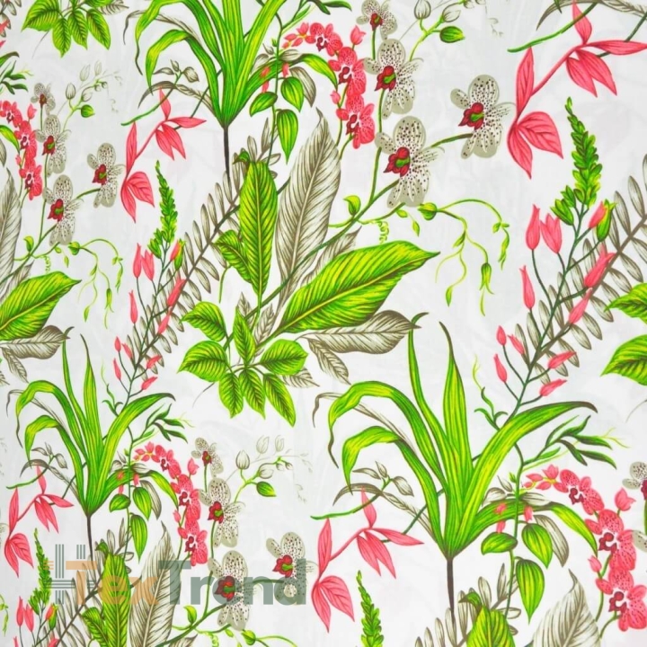 Baumwolle 100% Orchideenblüten mit grünen Blättern auf weißem Hintergrund - 220cm  