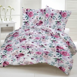 Baumwolle 100% Große Blumen rosa-lila Rosen mit grünen Blättern auf weißem Hintergrund  