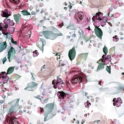 Baumwolle 100% Große Blumen rosa-lila Rosen mit grünen Blättern auf weißem Hintergrund  