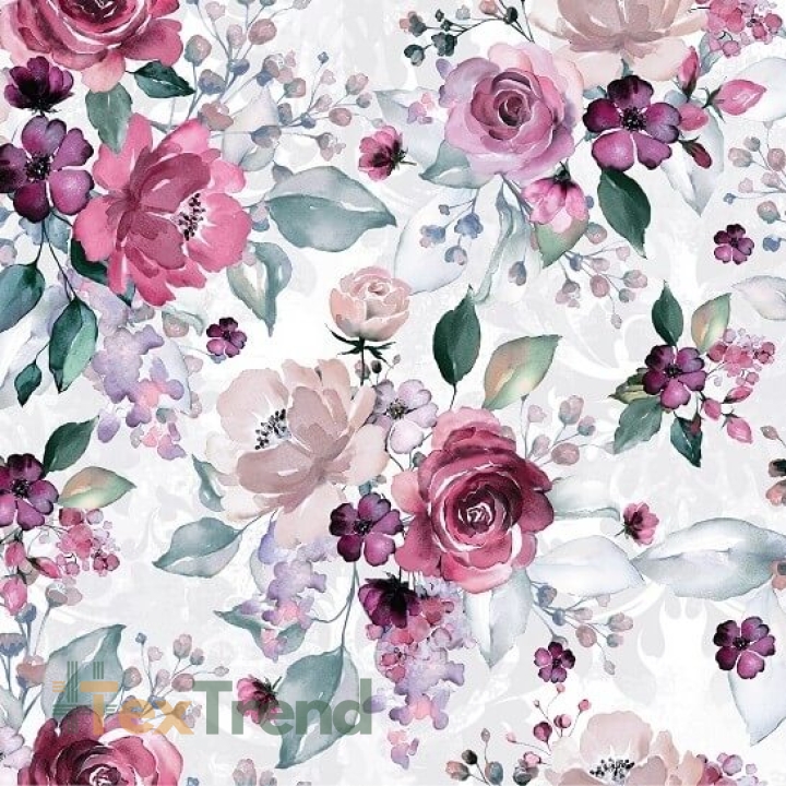 Baumwolle 100% Große Blumen rosa-lila Rosen mit grünen Blättern auf weißem Hintergrund  