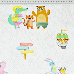 Baumwolle 100% bunte Tiere auf weißem Hintergrund mit grauen Punkten  