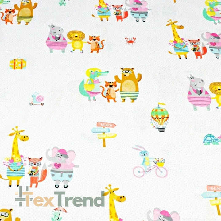 Baumwolle 100% bunte Tiere auf weißem Hintergrund mit grauen Punkten  