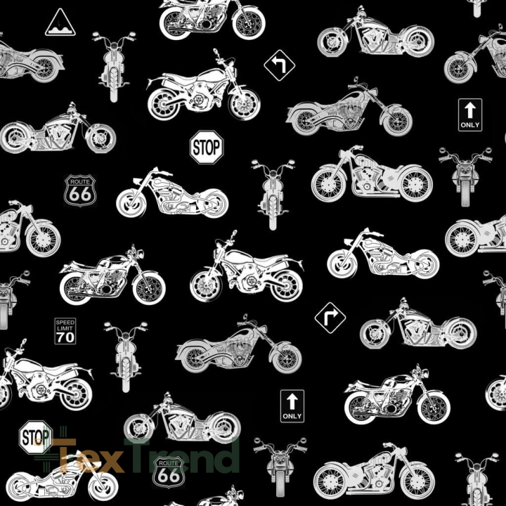 Baumwolle 100% kleine Motorräder weiß auf schwarzem Hintergrund  