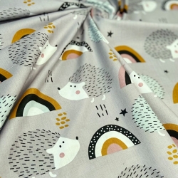 Baumwolle 100% Igel grau-mint mit Regenbogen auf grauem Hintergrund  