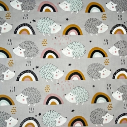 Baumwolle 100% Igel grau-mint mit Regenbogen auf grauem Hintergrund  