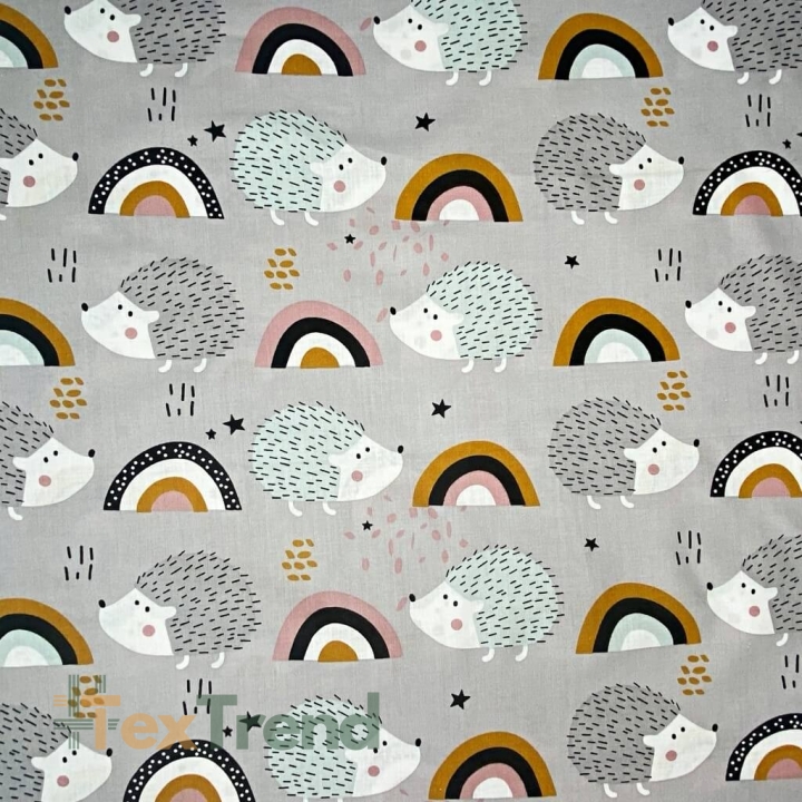 Baumwolle 100% Igel grau-mint mit Regenbogen auf grauem Hintergrund  