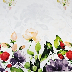 Baumwolle 100% große Blumen in lila-rot-ecru auf weißem Hintergrund  