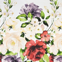 Baumwolle 100% große Blumen in lila-rot-ecru auf weißem Hintergrund  