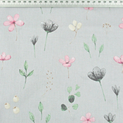 Baumwolle 100% Wiesenblumen rosa-grau-grün auf hellgrauem Hintergrund  