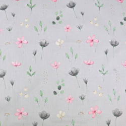Baumwolle 100% Wiesenblumen rosa-grau-grün auf hellgrauem Hintergrund  
