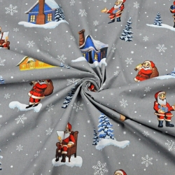 Baumwolle 100% Weihnachtsmuster Weihnachtsmänner mit Häusern auf grauem Hintergrund  