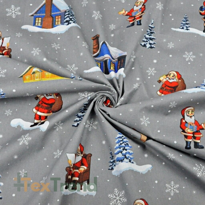 Baumwolle 100% Weihnachtsmuster Weihnachtsmänner mit Häusern auf grauem Hintergrund  