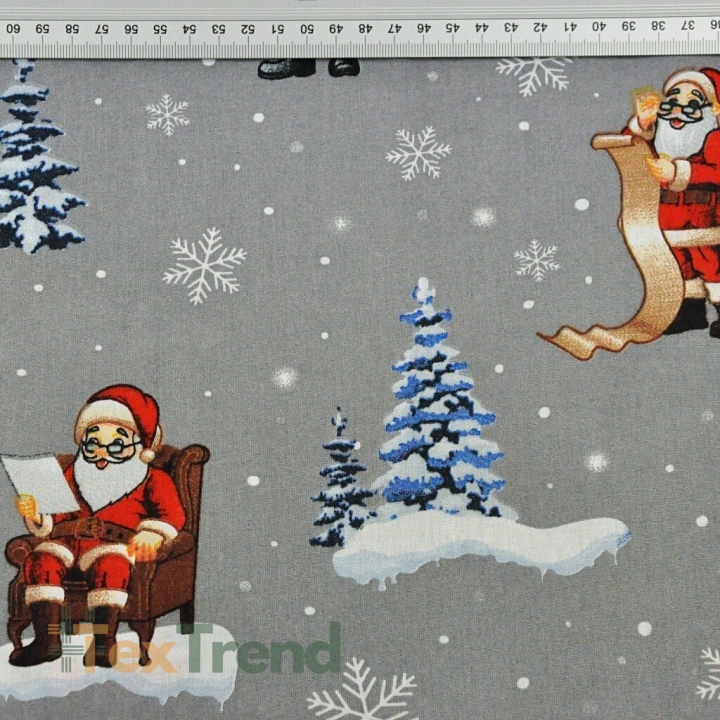 Baumwolle 100% Weihnachtsmuster Weihnachtsmänner mit Häusern auf grauem Hintergrund  