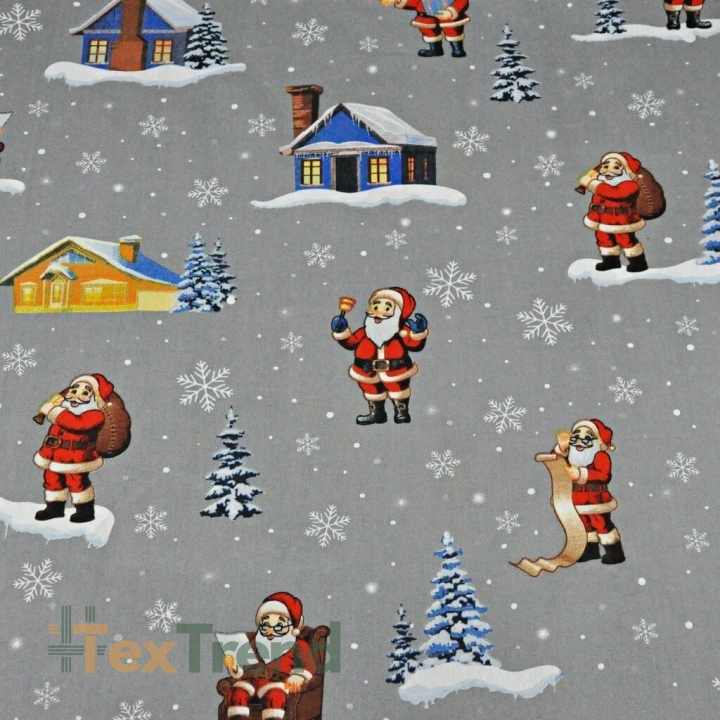 Baumwolle 100% Weihnachtsmuster Weihnachtsmänner mit Häusern auf grauem Hintergrund  