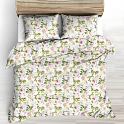 Baumwolle 100% rosa Proteablüten mit grünen Blättern auf weißem Hintergrund - 220cm  