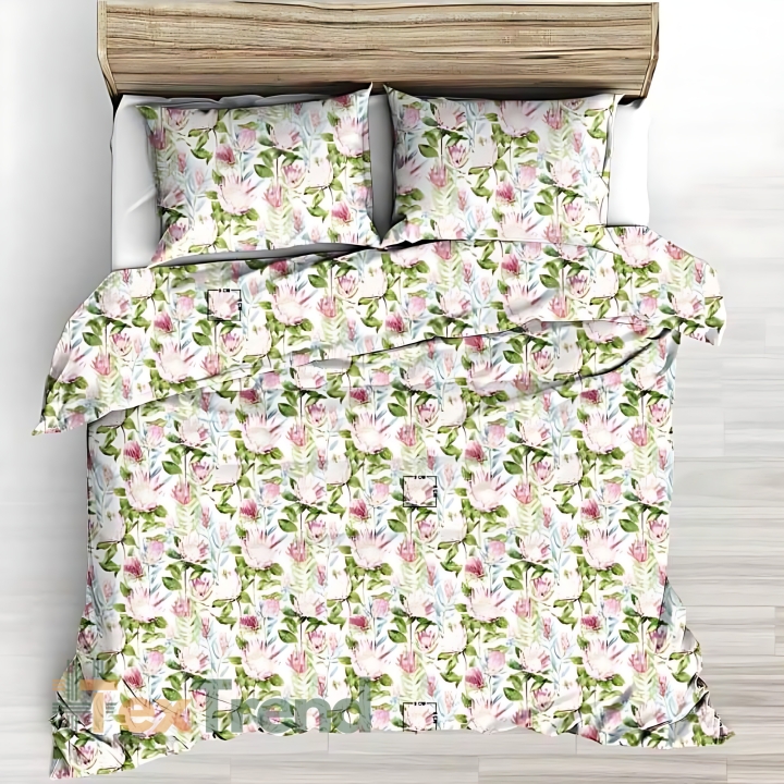 Baumwolle 100% rosa Proteablüten mit grünen Blättern auf weißem Hintergrund - 220cm  