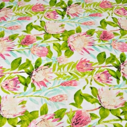 Baumwolle 100% rosa Proteablüten mit grünen Blättern auf weißem Hintergrund - 220cm  