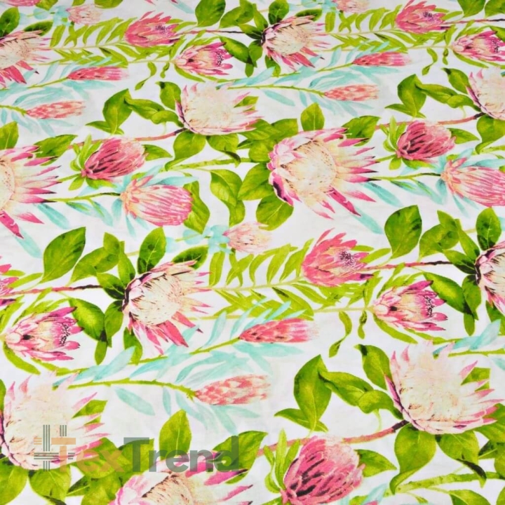 Baumwolle 100% rosa Proteablüten mit grünen Blättern auf weißem Hintergrund - 220cm  