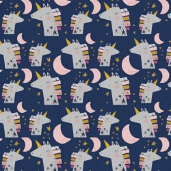 Baumwolle 100% Einhörner mit Monden auf dunkelblauem Hintergrund  