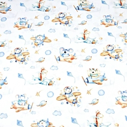 Baumwolle 100% Tiere im Flugzeug braun-blau auf weißem Hintergrund  