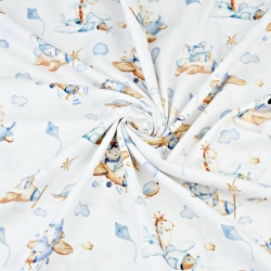 Baumwolle 100% Tiere im Flugzeug braun-blau auf weißem Hintergrund  