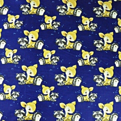 Baumwolle 100% Rehe mit Igeln und Waschbären auf marineblauem Hintergrund  