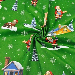 Baumwolle 100% Weihnachtsmuster Weihnachtsmänner mit Häusern auf grünem Hintergrund  