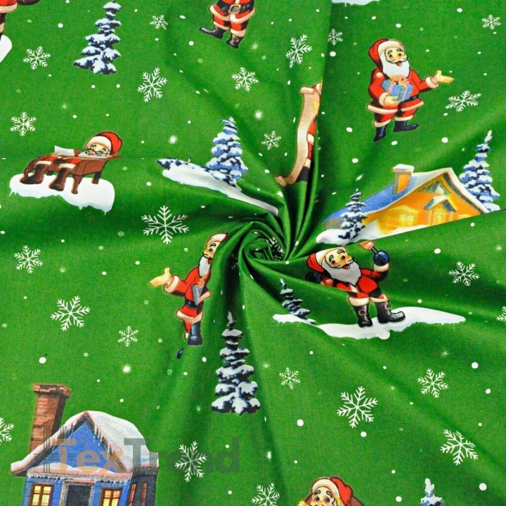 Baumwolle 100% Weihnachtsmuster Weihnachtsmänner mit Häusern auf grünem Hintergrund  