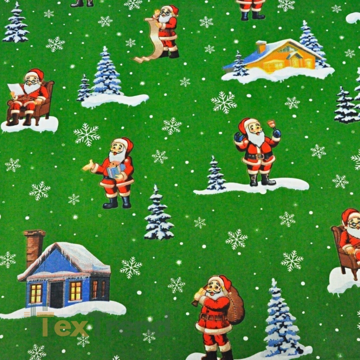 Baumwolle 100% Weihnachtsmuster Weihnachtsmänner mit Häusern auf grünem Hintergrund  
