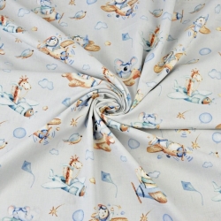 Baumwolle 100% Tiere im Flugzeug braun-blau auf grauem Hintergrund  