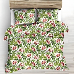 Baumwolle 100% Kretensblüten rot-weiß mit grünen Blättern auf weißem Hintergrund - 220cm