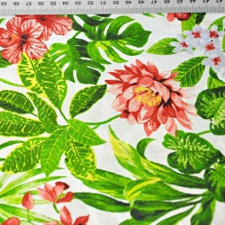 Baumwolle 100% Kretensblüten rot-weiß mit grünen Blättern auf weißem Hintergrund - 220cm