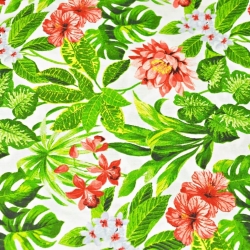 Baumwolle 100% Kretensblüten rot-weiß mit grünen Blättern auf weißem Hintergrund - 220cm