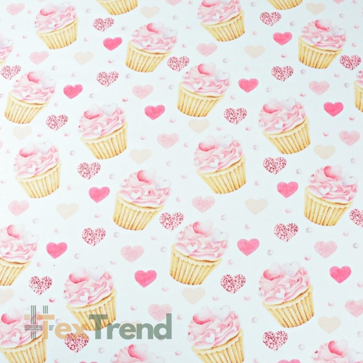 Baumwolle 100% rosa Cupcakes mit Herzen auf weißem Hintergrund  