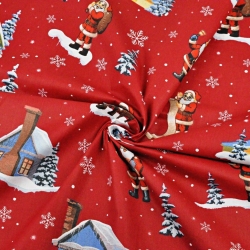 Baumwolle 100% Weihnachtsmuster Weihnachtsmänner mit Häusern auf rotem Hintergrund  