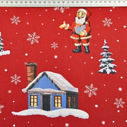 Baumwolle 100% Weihnachtsmuster Weihnachtsmänner mit Häusern auf rotem Hintergrund  