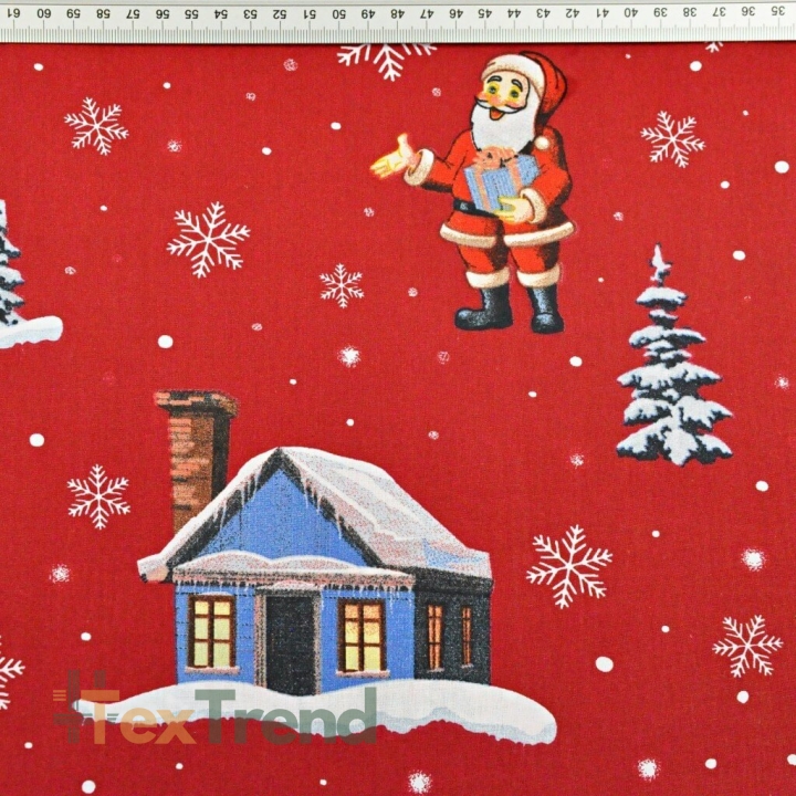 Baumwolle 100% Weihnachtsmuster Weihnachtsmänner mit Häusern auf rotem Hintergrund  