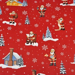 Baumwolle 100% Weihnachtsmuster Weihnachtsmänner mit Häusern auf rotem Hintergrund  