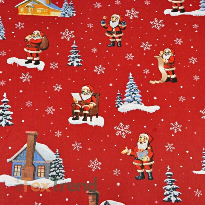 Baumwolle 100% Weihnachtsmuster Weihnachtsmänner mit Häusern auf rotem Hintergrund  