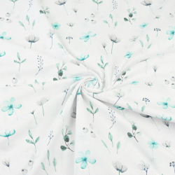 Baumwolle 100% Wiesenblumen türkis-grau auf weißem Hintergrund  