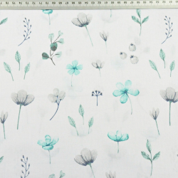 Baumwolle 100% Wiesenblumen türkis-grau auf weißem Hintergrund  