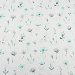 Baumwolle 100% Wiesenblumen türkis-grau auf weißem Hintergrund  