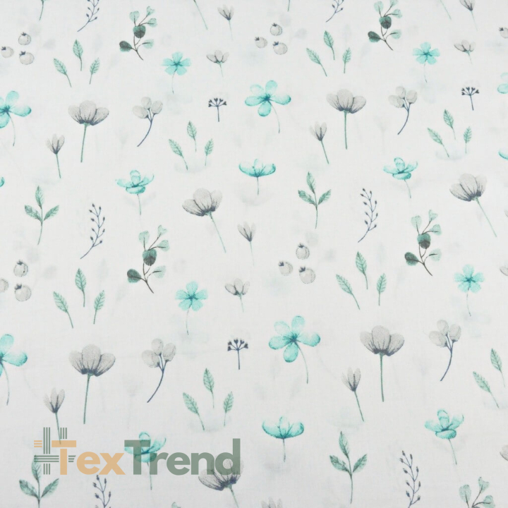 Baumwolle 100% Wiesenblumen türkis-grau auf weißem Hintergrund  