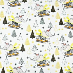 Baumwolle 100% Elefanten mit Tannenbäumen auf Schlitten auf weißem Hintergrund  