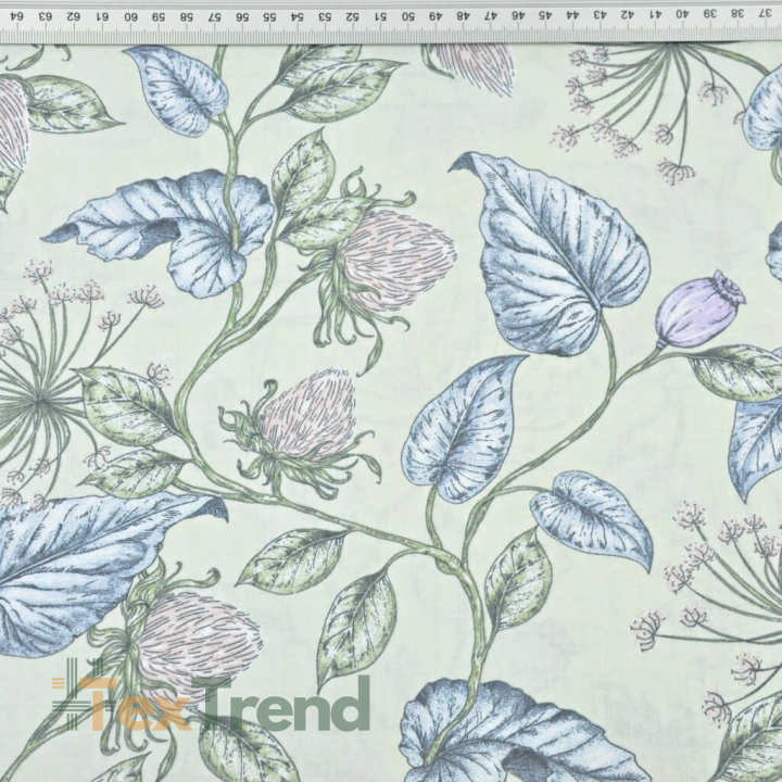 Baumwolle 100% Fenchelblumen mit pastellfarbenen Blättern auf hellgrünem Hintergrund  
