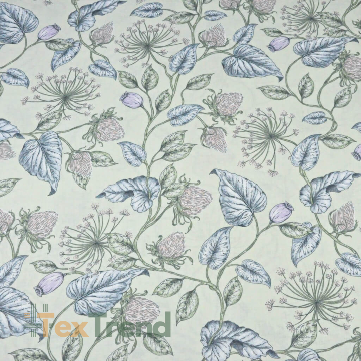 Baumwolle 100% Fenchelblumen mit pastellfarbenen Blättern auf hellgrünem Hintergrund  