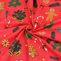 Baumwolle 100% Weihnachtsmuster mit Keksen auf rotem Hintergrund  