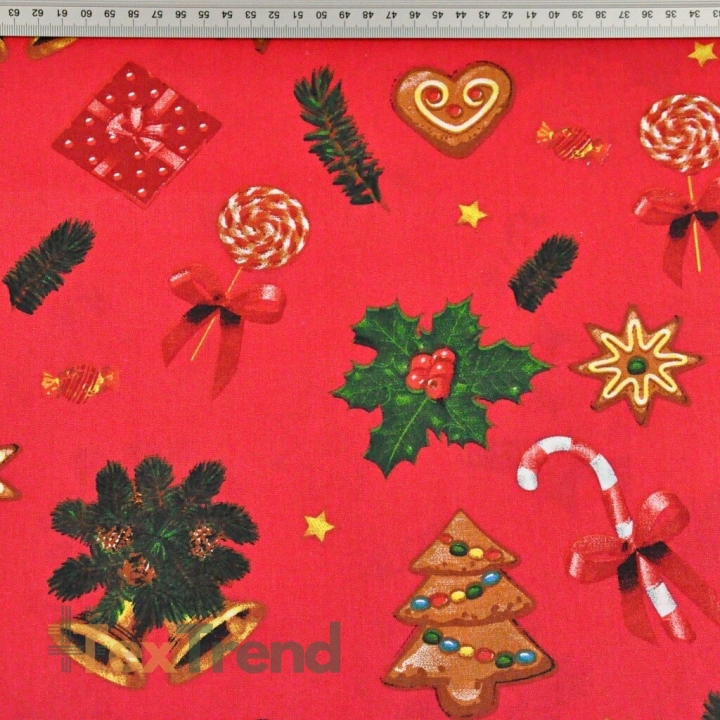 Baumwolle 100% Weihnachtsmuster mit Keksen auf rotem Hintergrund  