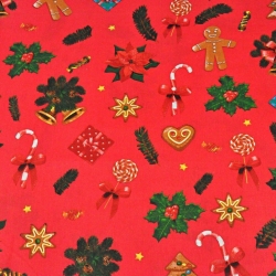 Baumwolle 100% Weihnachtsmuster mit Keksen auf rotem Hintergrund  